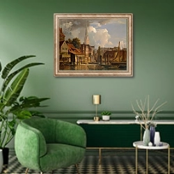 «The Kleine Alster in 1842, 1842» в интерьере гостиной в зеленых тонах