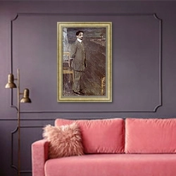 «Portrait of Mikhail Kuzmin, 1910» в интерьере гостиной с розовым диваном
