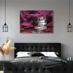 «Красивый водопад в тропическом лесу» в интерьере современной спальни с черной кроватью