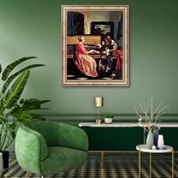 «A Man and a Woman Seated by a Virginal, c.1665» в интерьере гостиной в зеленых тонах