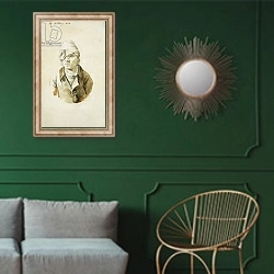 «Self Portrait with Cap and Eye Patch, 8th May 1802» в интерьере классической гостиной с зеленой стеной над диваном