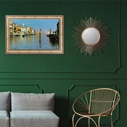 «View Across The Grand Canal From Dorsoduro With The Bell Tower Of San Marco » в интерьере классической гостиной с зеленой стеной над диваном