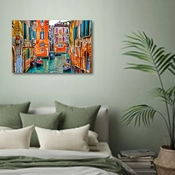 «Красочная улица Венеции» в интерьере современной спальни в зеленых тонах