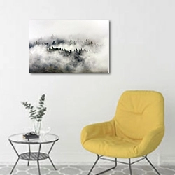 «Загадочный туманный лес» в интерьере комнаты в скандинавском стиле с желтым креслом
