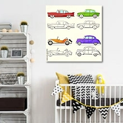 «Коллекция ретро-автомобилей в мультяшном стиле» в интерьере детской комнаты для мальчика с желтыми деталями
