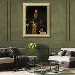 «Портрет Дубьянского» в интерьере гостиной в оливковых тонах