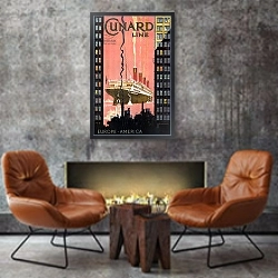 «Cunard Line Europe-America poster, USA, c. 1900» в интерьере в стиле лофт с бетонной стеной над камином