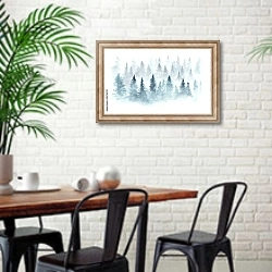 «Зимний лес в тумане» в интерьере столовой в скандинавском стиле с кирпичной стеной