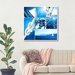 «Коллаж из яхт» в интерьере современной светлой гостиной над диваном