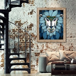«Голова льва с синим этническим растительным орнаментом» в интерьере двухярусной гостиной в стиле лофт с кирпичной стеной