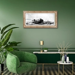 «Landscape with a Cottage and Haybarn, etched by James Bretherton» в интерьере гостиной в зеленых тонах
