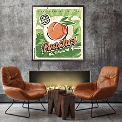 «Персики, ретро плакат» в интерьере в стиле лофт с бетонной стеной над камином