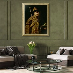 «Portrait of Tsar Fyodor III Alexeevich 1» в интерьере гостиной в оливковых тонах
