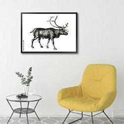 «Ретро рисунок лося» в интерьере комнаты в скандинавском стиле с желтым креслом