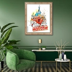 «Москва, коллаж» в интерьере гостиной в зеленых тонах