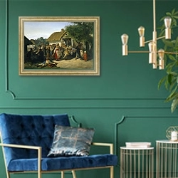 «Хоровод в Курской губернии. 1860» в интерьере в классическом стиле с зеленой стеной