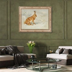 «Lepus europaeus, European brown hare, Plate 33 from British Mammals Vol. 1 & 2 by Archibald Thorburn, 1920-21» в интерьере гостиной в оливковых тонах