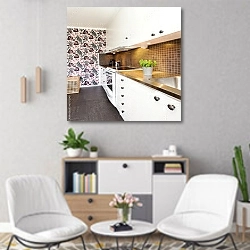 «Кухонный интерьер с коричневой плиткой и узорными обои» в интерьере офиса над шкафом с документами