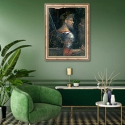 «A Soldier, c.1505-10» в интерьере гостиной в зеленых тонах