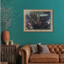 «Вавилонское столпотворение» в интерьере гостиной с зеленой стеной над диваном