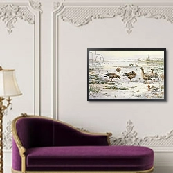 «White Fronted Geese» в интерьере гостиной в оливковых тонах