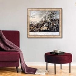 «Scene after the Battle of Waterloo, 18th June 1815» в интерьере гостиной в бордовых тонах
