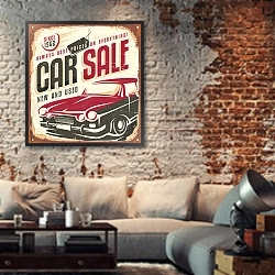 «Продажа авто, ретро плакат» в интерьере гостиной в стиле лофт с кирпичной стеной