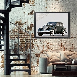 «Packard 120 Sedan '1936» в интерьере двухярусной гостиной в стиле лофт с кирпичной стеной