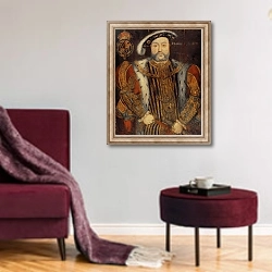 «Portrait of Henry VIII 2» в интерьере гостиной в бордовых тонах