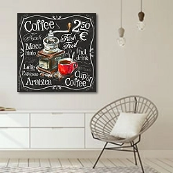 «Грифельная доска с молотым кофе» в интерьере белой комнаты в скандинавском стиле над комодом