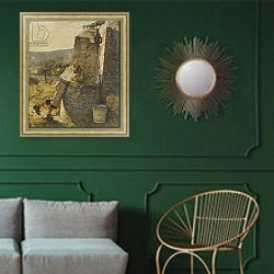 «Boy Filling Water Jars at Well» в интерьере классической гостиной с зеленой стеной над диваном