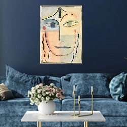 «Weiblicher Kopf» в интерьере современной гостиной в синем цвете