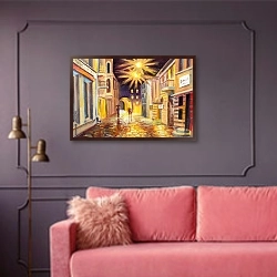 «Осенняя улица» в интерьере гостиной с розовым диваном