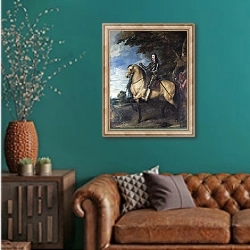 «Портрет Чарльза I на коне» в интерьере гостиной с зеленой стеной над диваном