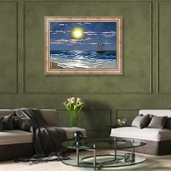 «Ночной морской пейзаж с парусной лодкой» в интерьере гостиной в оливковых тонах