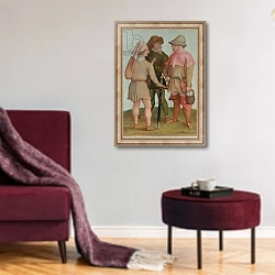«Three peasants, 16th or 17th century» в интерьере гостиной в бордовых тонах