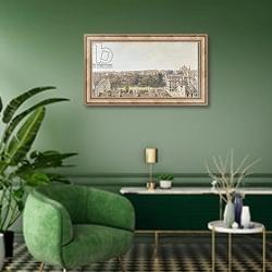 «View of Paris from the Belvedere of M. Fornelle, rue des Boulangers, 1787» в интерьере гостиной в зеленых тонах