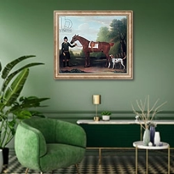 «Lord Portman's 'Snap' held by groom with dog» в интерьере гостиной в зеленых тонах