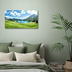 «Германия, Бавария. Панорама с горным озером» в интерьере современной спальни в зеленых тонах