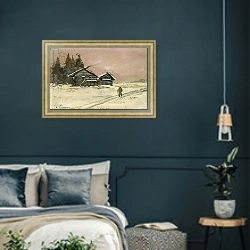 «Winter Landscape with two wooden Huts» в интерьере классической спальни с темными стенами