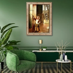«Children in a Doorway with 'Golf' Sticks, c.1658-60» в интерьере гостиной в зеленых тонах