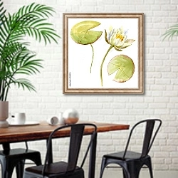 «Цветок белой кувшинки с листьями» в интерьере столовой в скандинавском стиле с кирпичной стеной