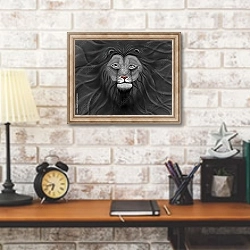 «Черный Лев с волнистой гривой» в интерьере кабинета в стиле лофт над столом