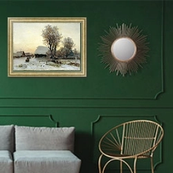 «Зимний вечер 2» в интерьере классической гостиной с зеленой стеной над диваном