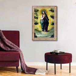 «The Immaculate Conception, c.1630-35» в интерьере гостиной в бордовых тонах
