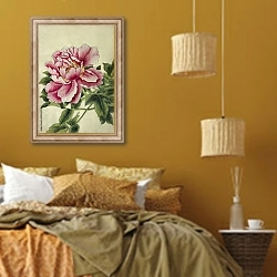«Большой розовый цветок пиона» в интерьере спальни  в этническом стиле в желтых тонах