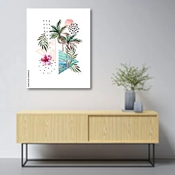«Акварельные пальмы, листья, цветок гибискуса и мраморные треугольники» в интерьере в скандинавском стиле над тумбой