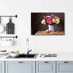 «Натюрморт с букетом хризантем №2» в интерьере кухни над мойкой