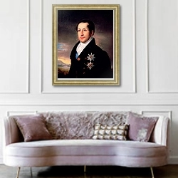 «Portrait of Prince Sergej Golitsyn, post 1828 1» в интерьере гостиной в классическом стиле над диваном