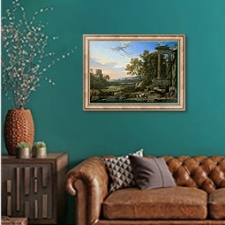 «Итальянский пейзаж 4» в интерьере гостиной с зеленой стеной над диваном